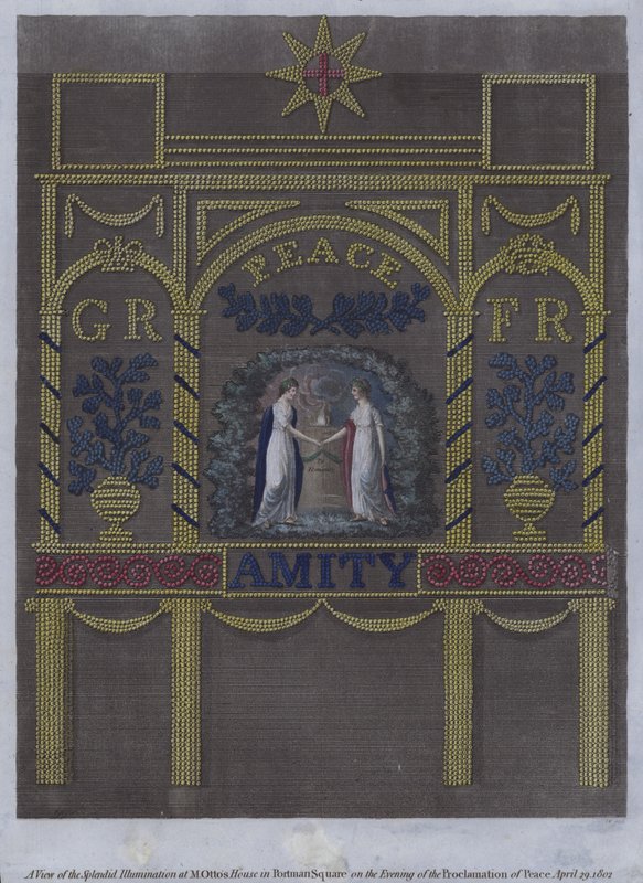 Uitzicht op de prachtige verlichting bij het huis van M Otto in Portman Square, Londen, op de avond van de vredesverklaring, 29 april 1802 door English School