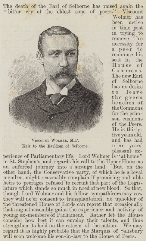 Burggraaf Wolmer, MP, erfgenaam van het graafschap Selborne (gravure) door English School