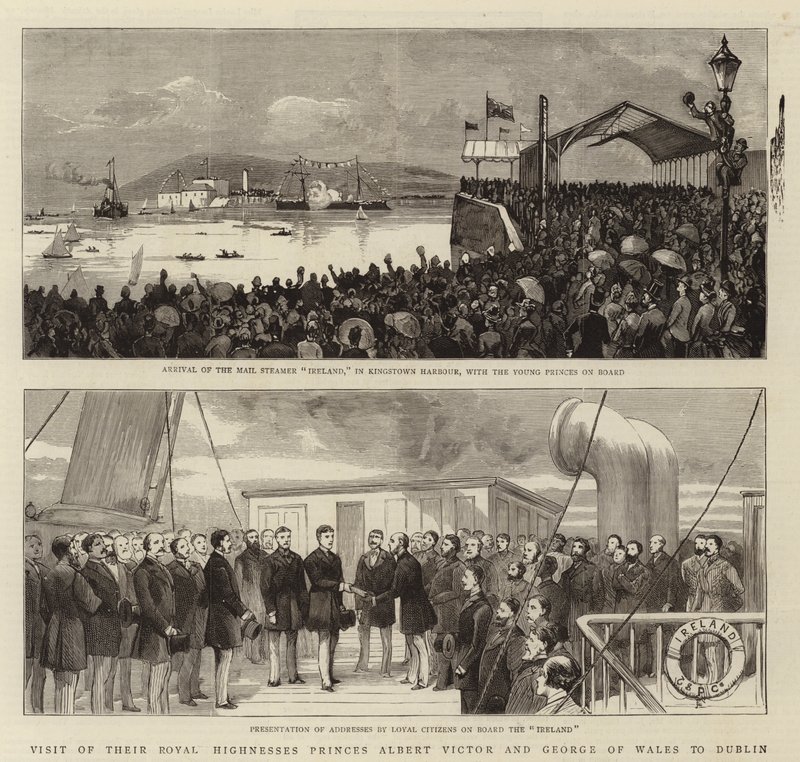 Bezoek van hun koninklijke hoogheden prinsen Albert Victor en George van Wales aan Dublin (gravure) door English School