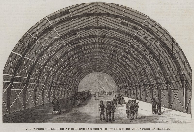 Vrijwillige oefenloods in Birkenhead voor de 1e Cheshire Vrijwillige Ingenieurs (gravure) door English School