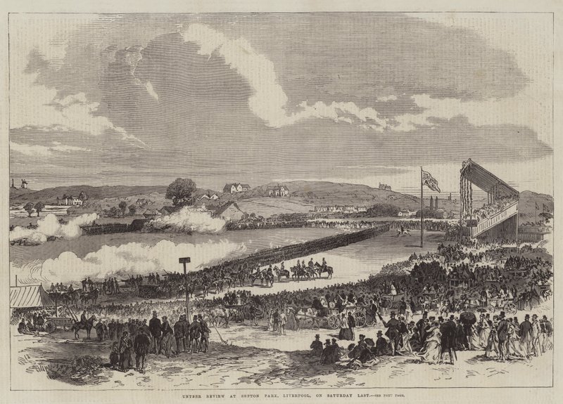 Vrijwilligersreview in Sefton Park, Liverpool, afgelopen zaterdag (gravure) door English School