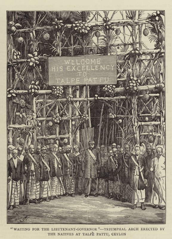 "Wachten op de luitenant-gouverneur", triomfboog opgericht door de inboorlingen in Talpe Pattu, Ceylon door English School