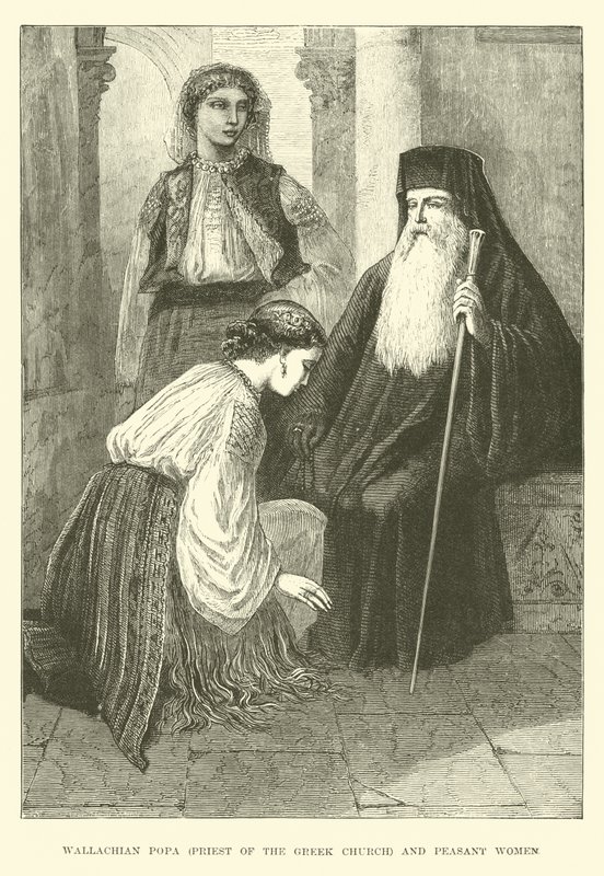 Walachijse popa, priester van de Griekse kerk, en boerinnen door English School