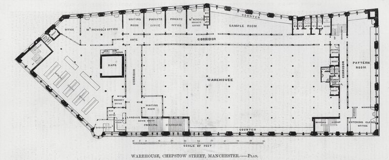 Magazijn, Chepstow Street, Manchester (gravure) door English School