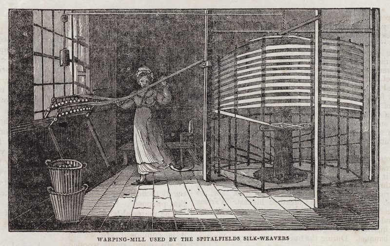 Spoelmolen gebruikt door de zijdewevers van Spitalfields (gravure) door English School