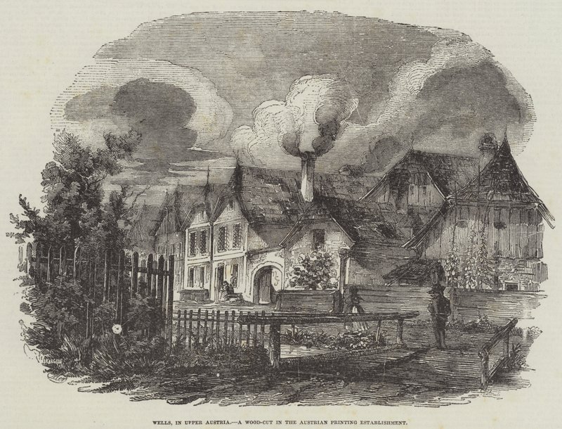 Wells, in Opper-Oostenrijk, een houtsnede in de Oostenrijkse drukkerij door English School