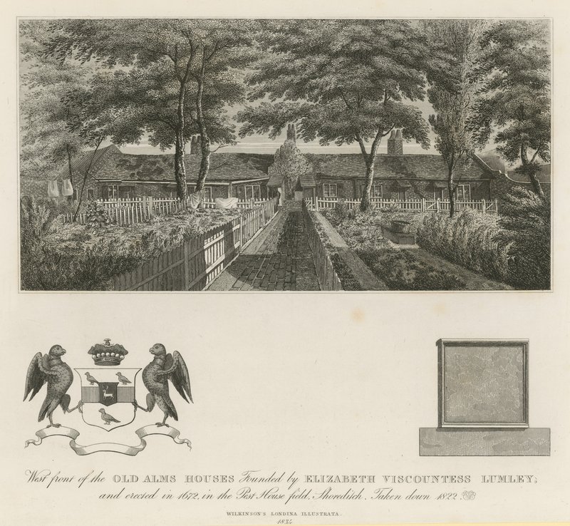 Westgevel van de oude armenhuizen gesticht door Elizabeth Burggravin Lumley (gravure) door English School
