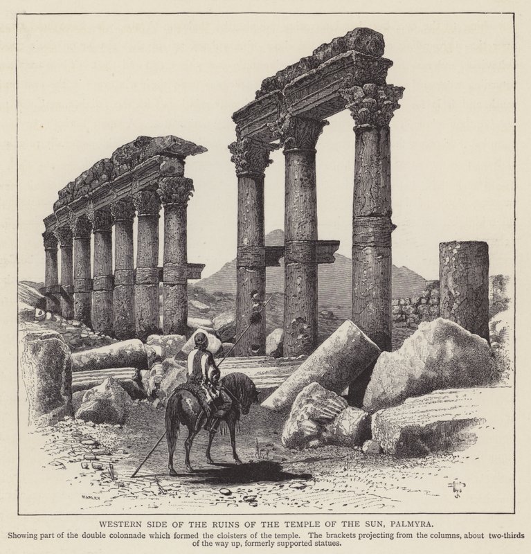 Westelijke zijde van de ruïnes van de Tempel van de Zon, Palmyra (gravure) door English School