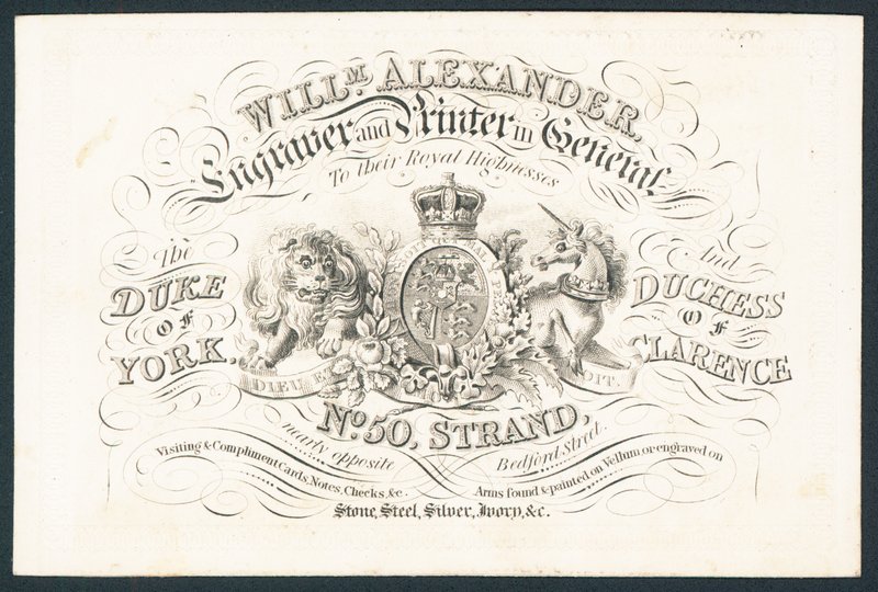 William Alexander, graveur en drukker in het algemeen voor hun koninklijke hoogheden, handelskaart door English School