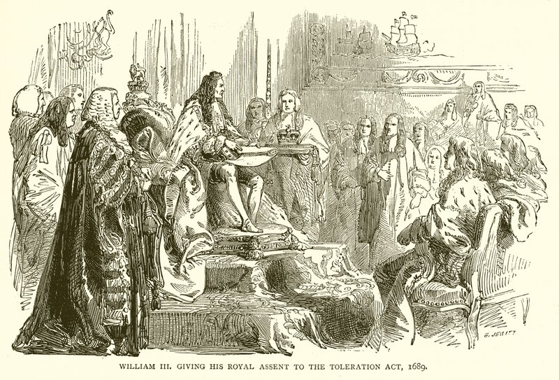 Willem III geeft zijn koninklijke goedkeuring aan de Tolerantie Act, 1689 door English School