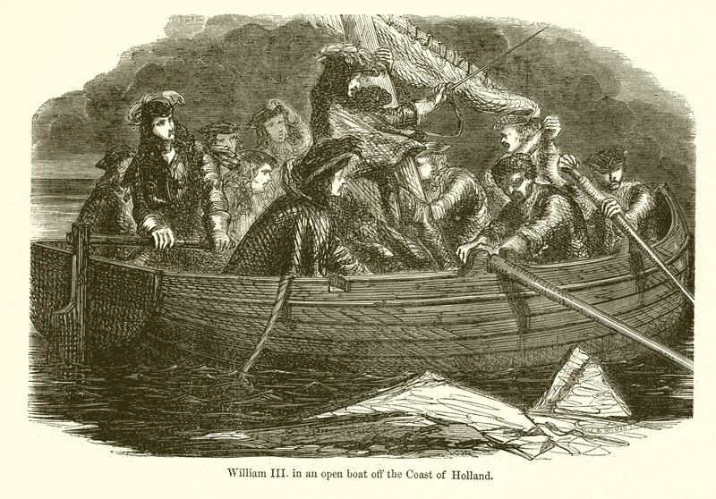 Willem III in een open boot voor de kust van Holland door English School