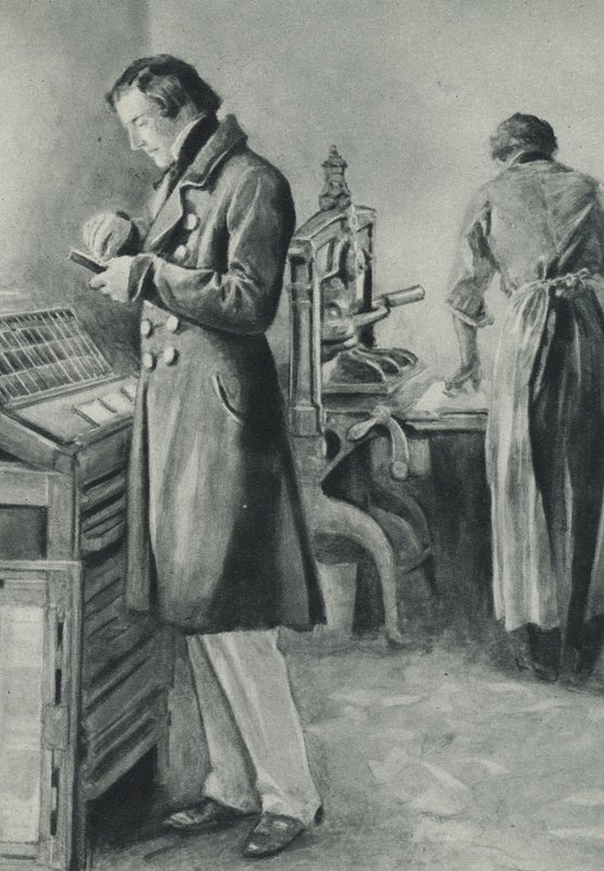 William Lloyd Garrison zet het type op voor zijn krant door English School