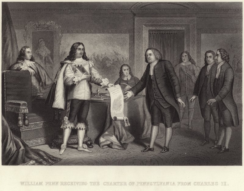 William Penn ontvangt het handvest van Pennsylvania van Karel II door English School