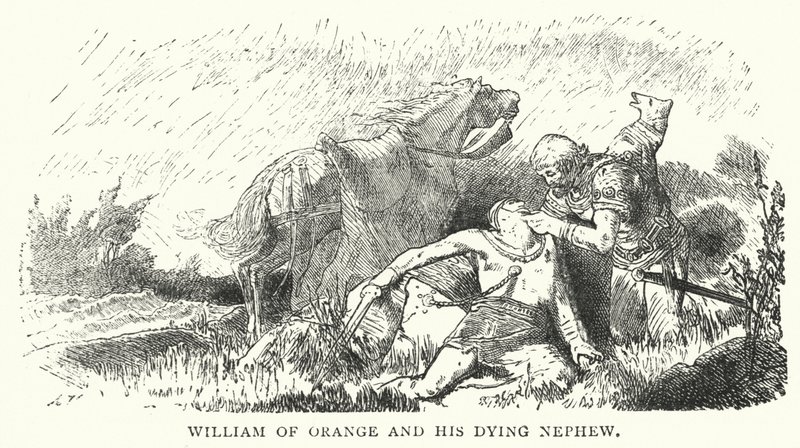 Willem van Oranje en zijn stervende neef (gravure) door English School