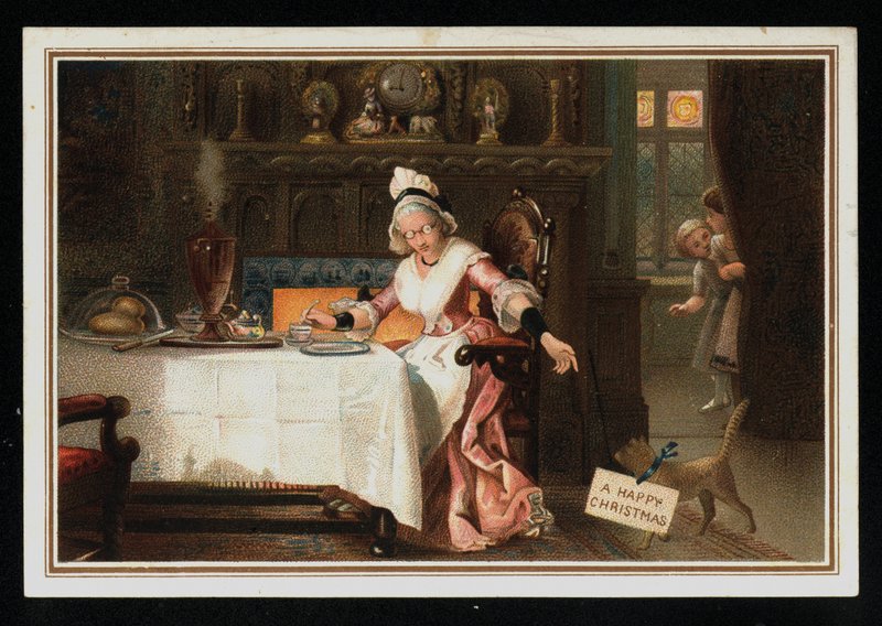 Vrouw drinkt thee met haar kat, kerstkaart door English School