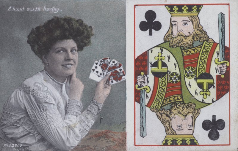 Vrouw met speelkaarten en de Koning van Klaveren door English School