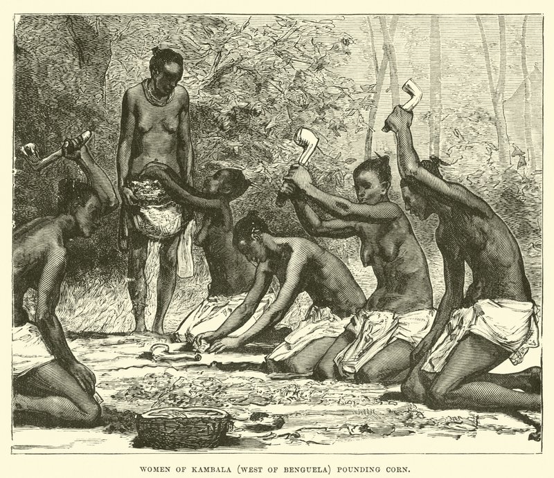 Vrouwen van Kambala (ten westen van Benguela) stampen maïs door English School