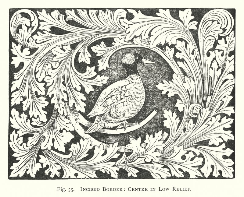 Houtsnijwerk: Ingesneden rand, midden in laag reliëf (gravure) door English School