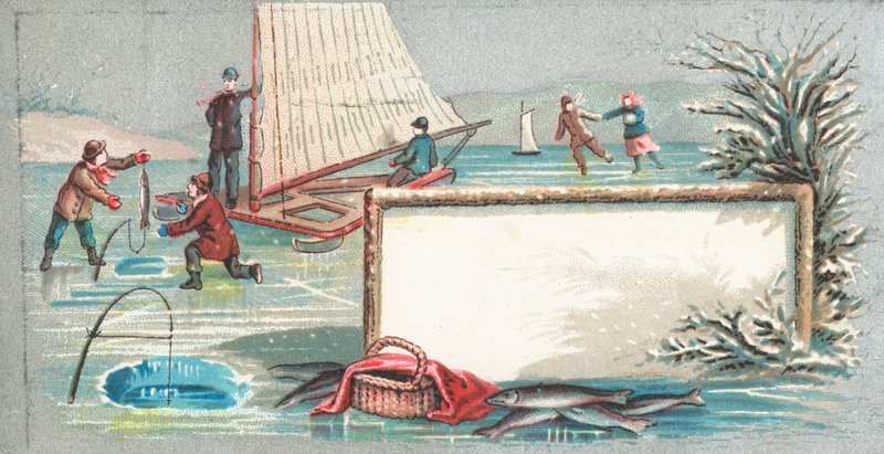 Zeilen, Vissen en Schaatsen op IJs, Kerstkaart door English School