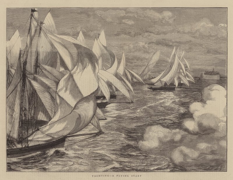 Zeilen, een vliegende start (gravure) door English School