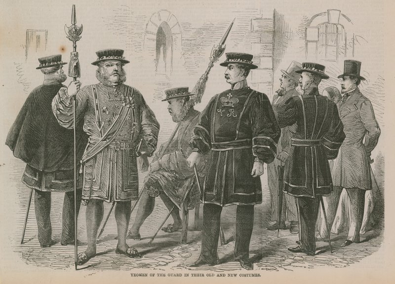 Yeomen of the Guard in hun oude en nieuwe kostuums door English School