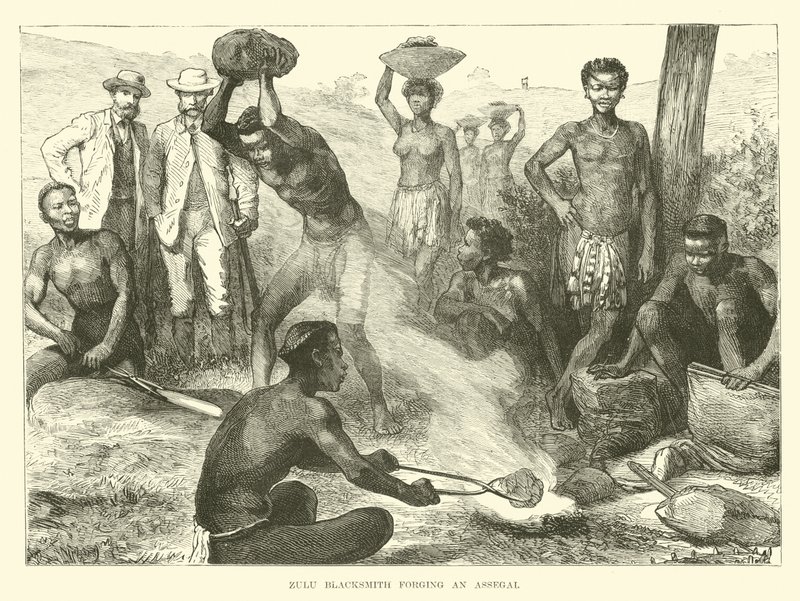 Zulu smid die een Assegai smeedt door English School