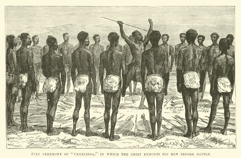Zulu ceremonie van Ukuncinsa, waarin de chef zijn mannen voor de strijd aanspoort door English School