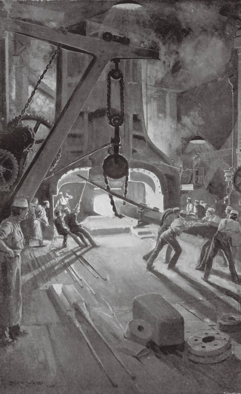 De 40-tons stoomhamer aan het werk in Woolwich Arsenal door Enoch Ward