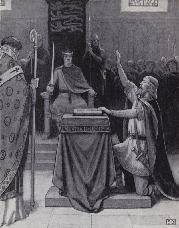 Harold Godwinson zweert een eed op heilige relikwieën om Willem, hertog van Normandië, te steunen (litho) door Ernest (after) Board