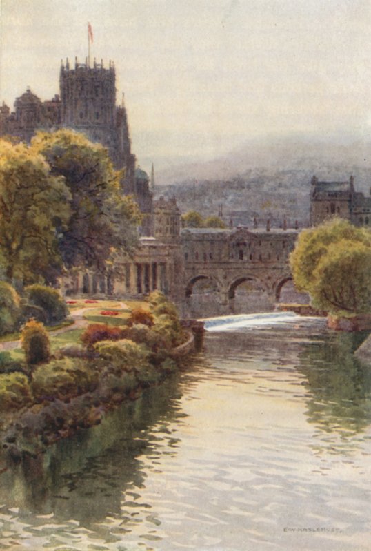 Uitzicht vanaf de North Parade Bridge, Bath door Ernest William Haslehust