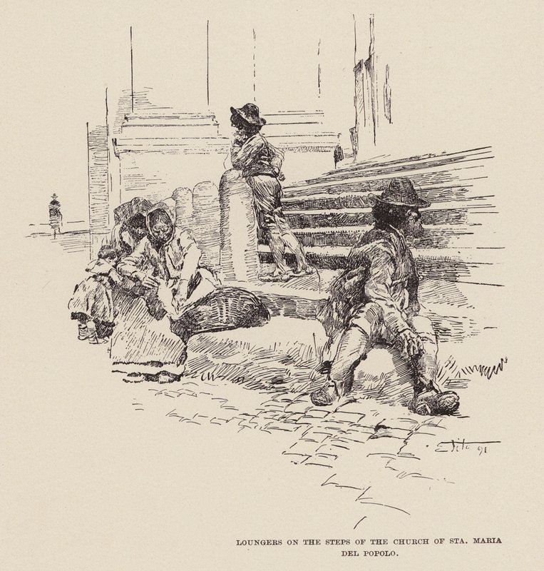 Loungers op de trappen van de Kerk van Santa Maria del Popolo (gravure) door Ettore Tito