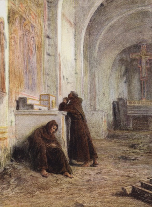 Broeder Giles en zijn metgezel flauwvallen van de honger in een verlaten kerk door Eugene (after) Burnand