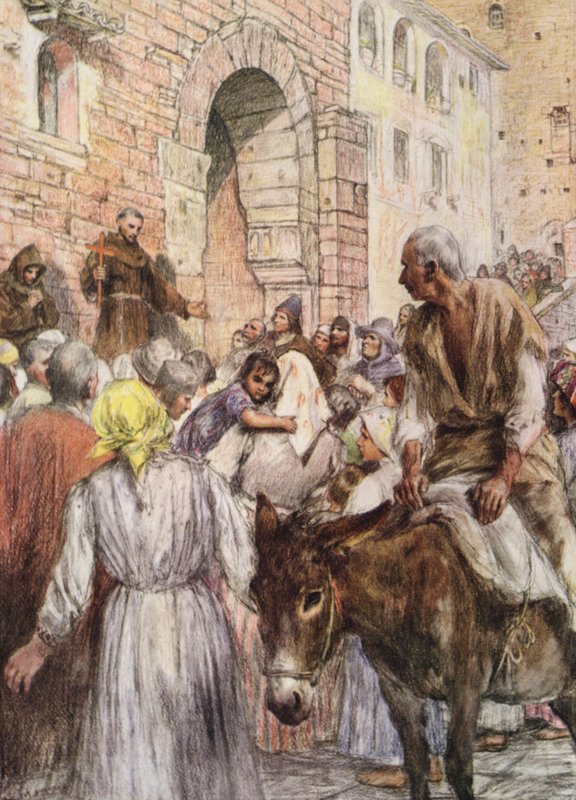 St. Franciscus predikt in Bologna door Eugene (after) Burnand