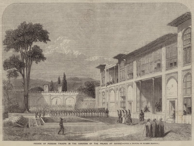 Parade van Perzische Troepen in de Tuinen van het Paleis in Shiraz door Eugene Flandin