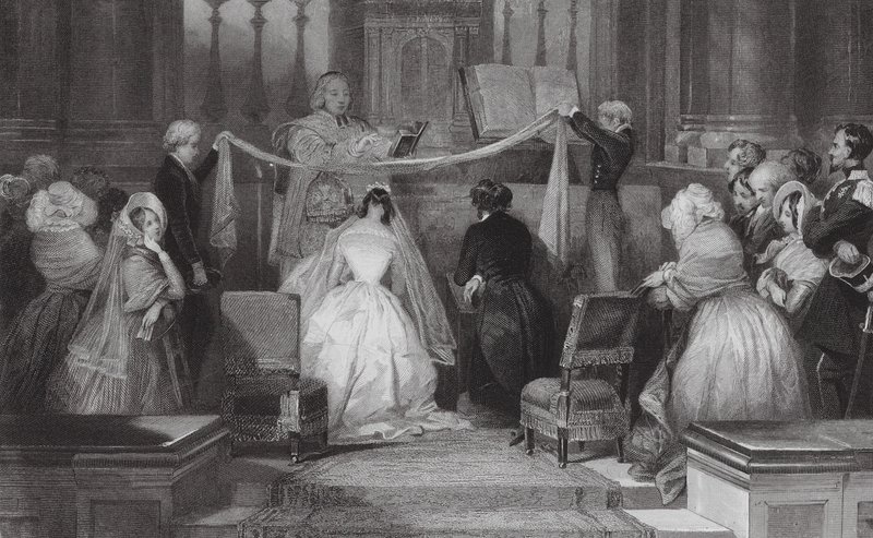 Een Frans huwelijk bij St Roch, Parijs (gravure) door Eugene Louis (after) Lami