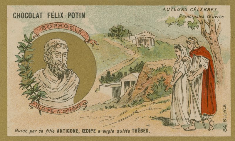 Sophocles, Griekse toneelschrijver, en een scène uit zijn stuk Oedipus in Colonus door European School