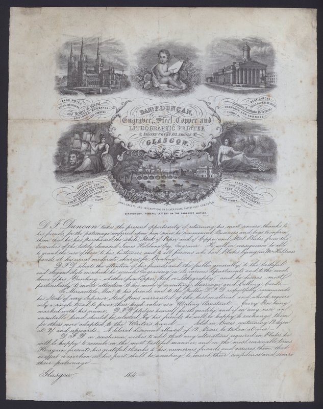 Advertentie voor graveur en lithografische drukker, Daniel F Duncan uit Glasgow door European School