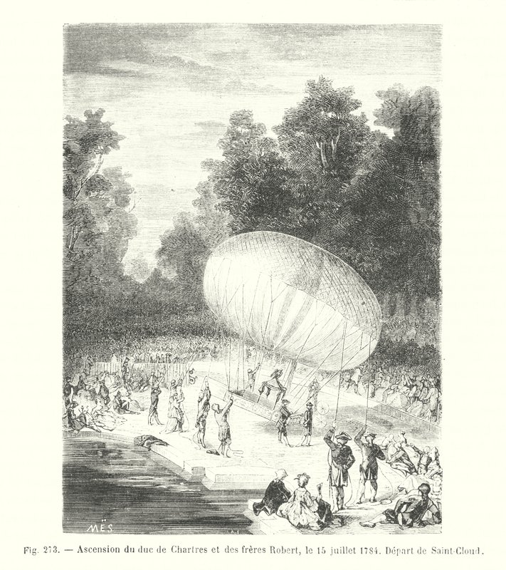 Ascensie van de hertog van Chartres en de gebroeders Robert, op 15 juli 1784, Vertrek vanuit Saint-Cloud (gravure) door European School