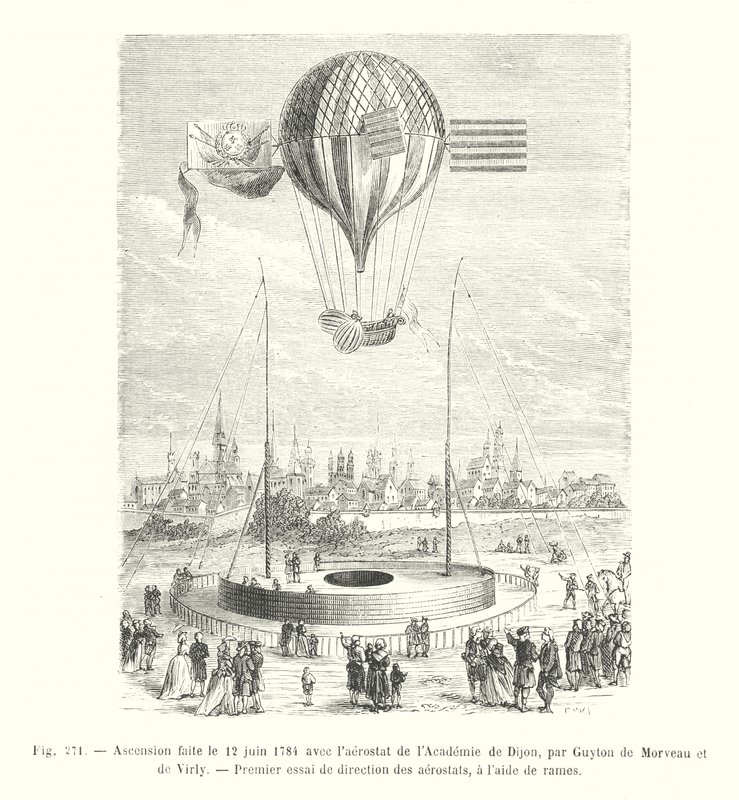 Ascensie op 12 juni 1784 met het luchtschip van de Academie van Dijon, door Guyton de Morveau en de Virly, eerste poging tot luchtschipbesturing met roeispanen door European School