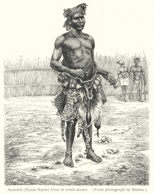 Azandeh (Nyam-Nyam) binsa of heksendokter (gravure) door European School