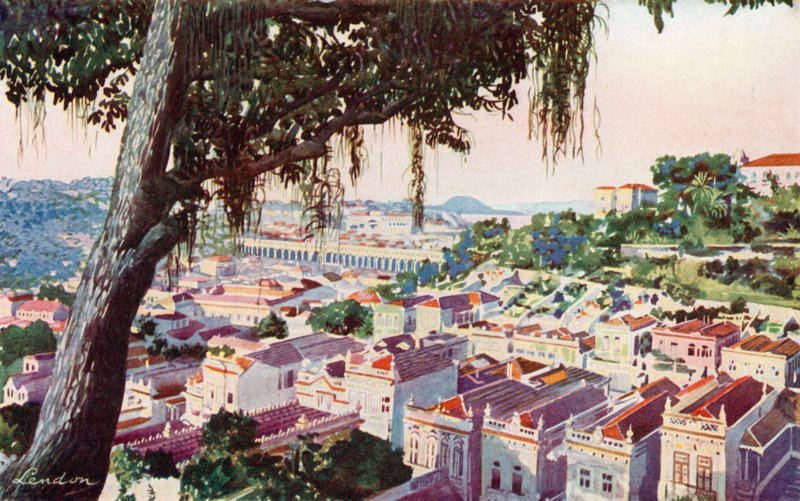 Vogelvlucht van het oude Carioca-viaduct, waarover de elektrische trams tegenwoordig rijden naar de Santa Thereza-heuvel, het internationale hotel en Corcovado (kleurenlitho) door European School
