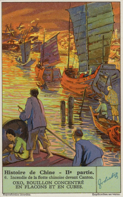 Verbranding van de Chinese vloot bij Canton (chromolitho) door European School