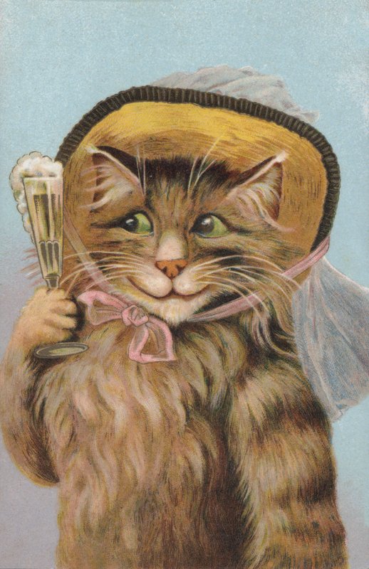 Kat met hoed en glas champagne (chromolitho) door European School