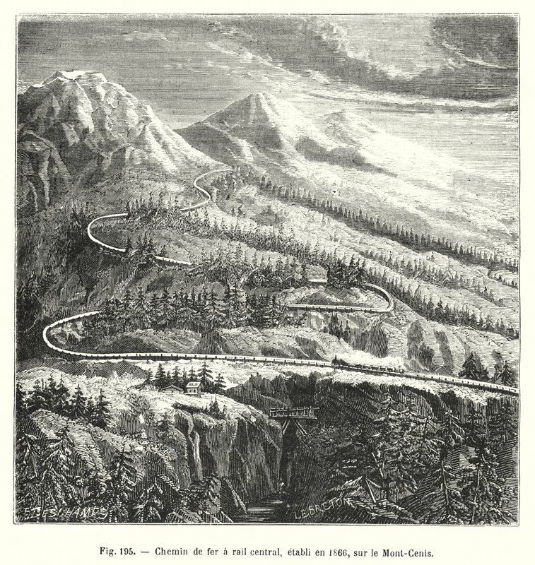 Spoorweg met centrale rail, aangelegd in 1866, op de Mont-Cenis door European School