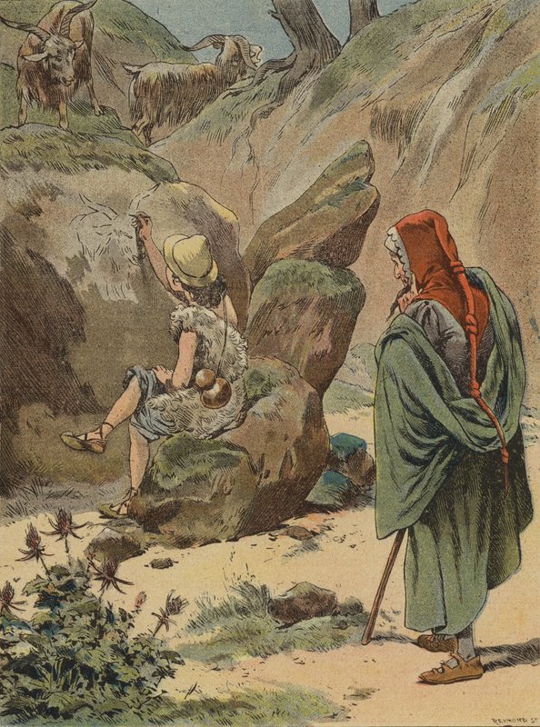 Cimabue kijkt toe hoe de jonge Giotto een geit op een rots tekent door European School