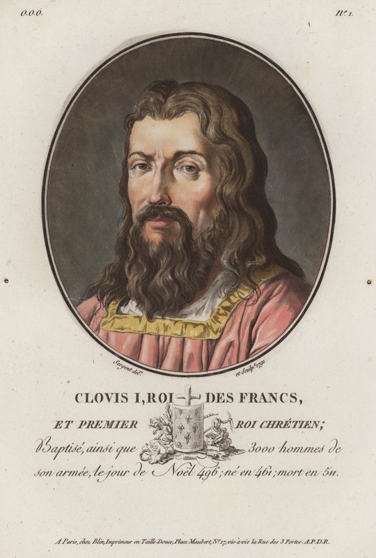 Clovis I, koning van de Franken (gekleurde gravure) door European School