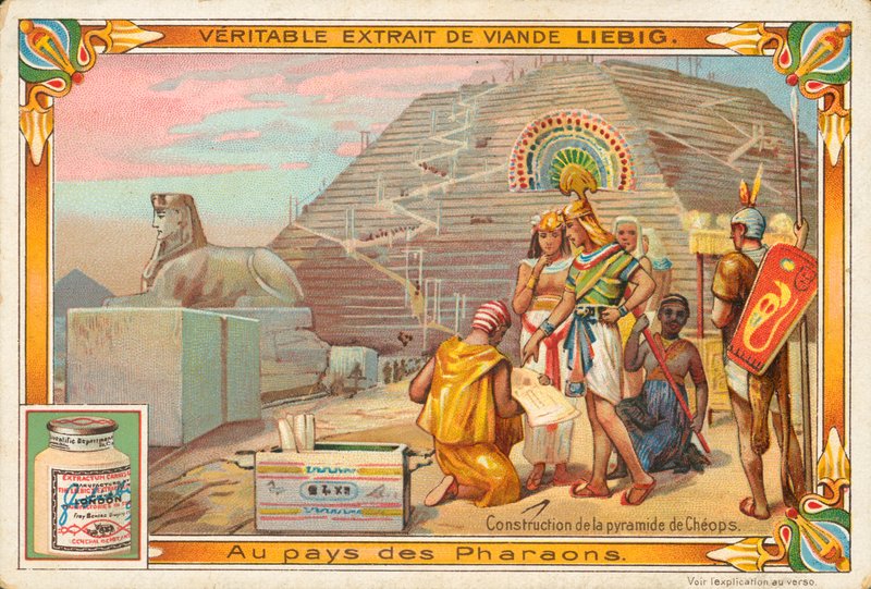 Bouw van de piramide van Cheops, Liebig-kaart, begin 20e eeuw (chromo) door European School