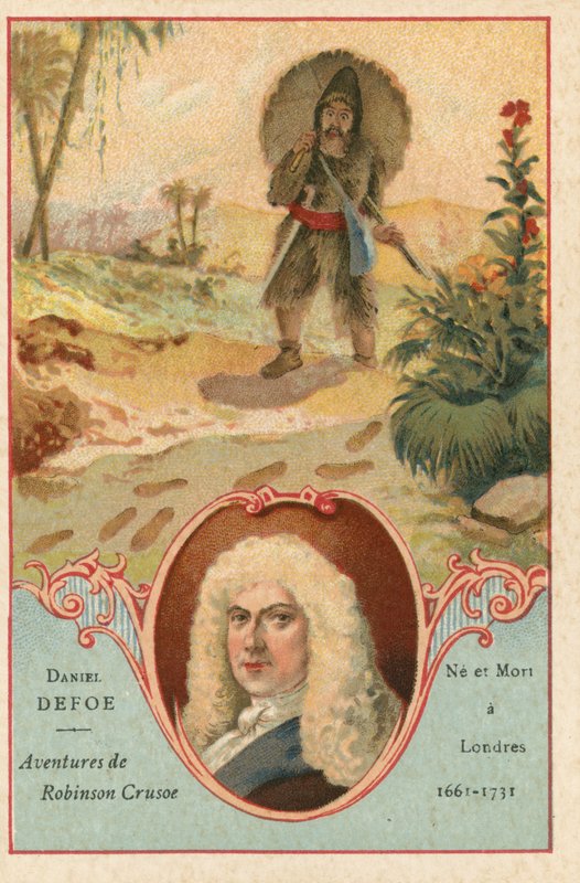 Daniel Defoe, Engelse romanschrijver, en een scène uit Robinson Crusoe door European School