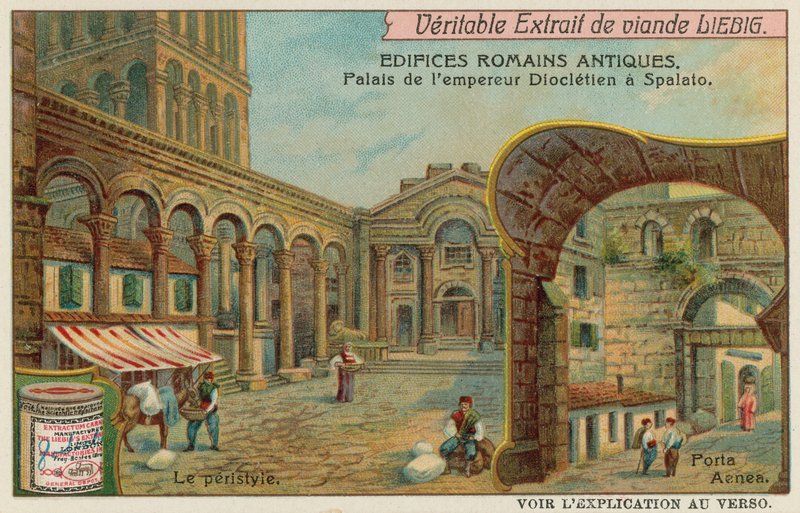 Paleis van Diocletianus in Split in Kroatië met detail van zuilengalerij en zuidelijke zeepoort (chromolitho) door European School