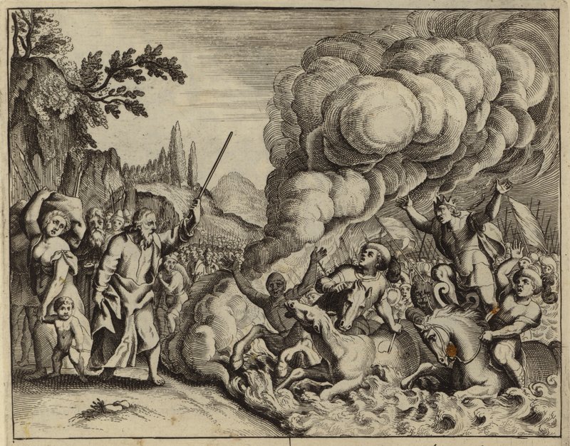 Verdrinking van het leger van de farao in de wateren van de Rode Zee (gravure) door European School